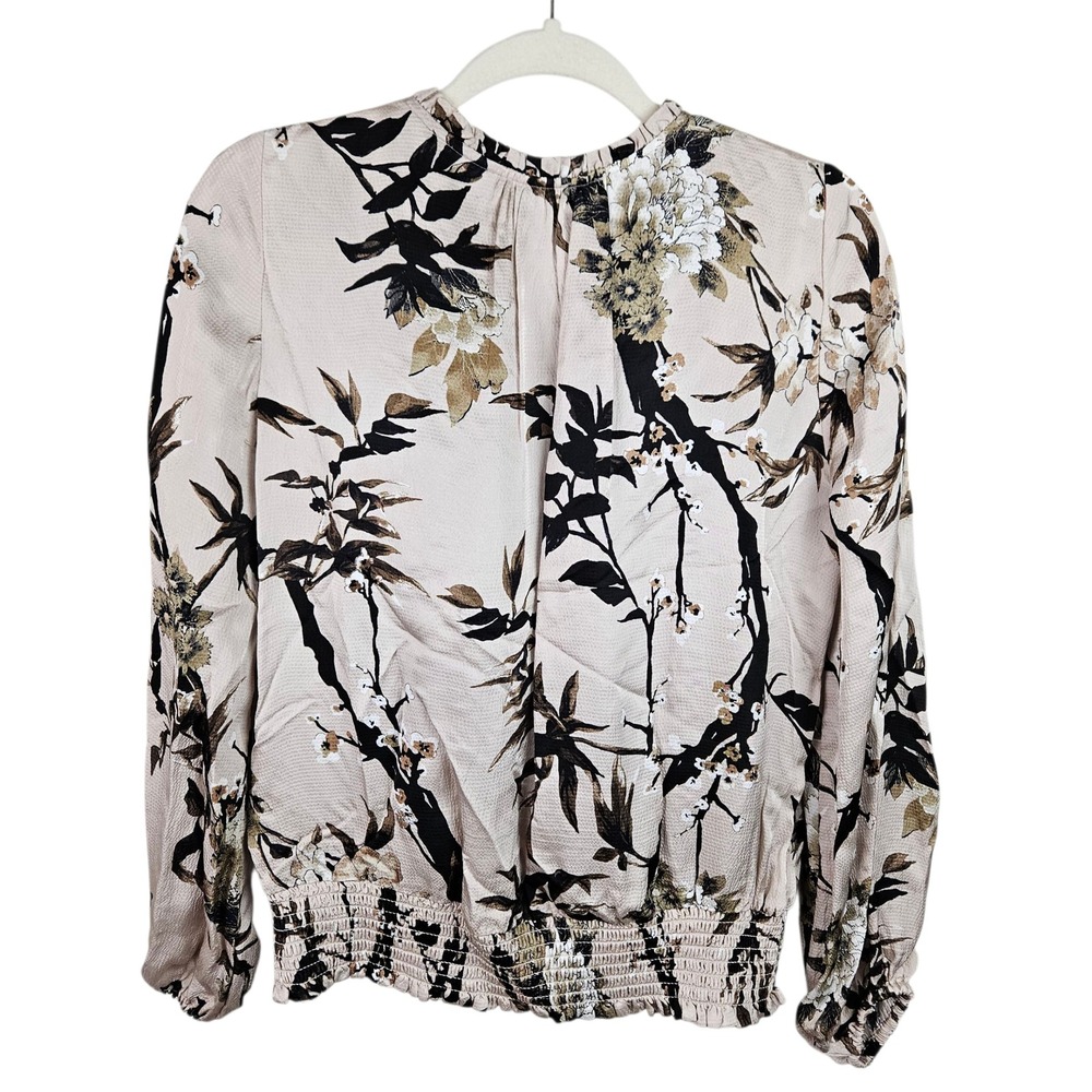 White House Black Market Floral Tie Neck Long‎ Sleeve Smocked Blouse Size S - Picture 5 of 10